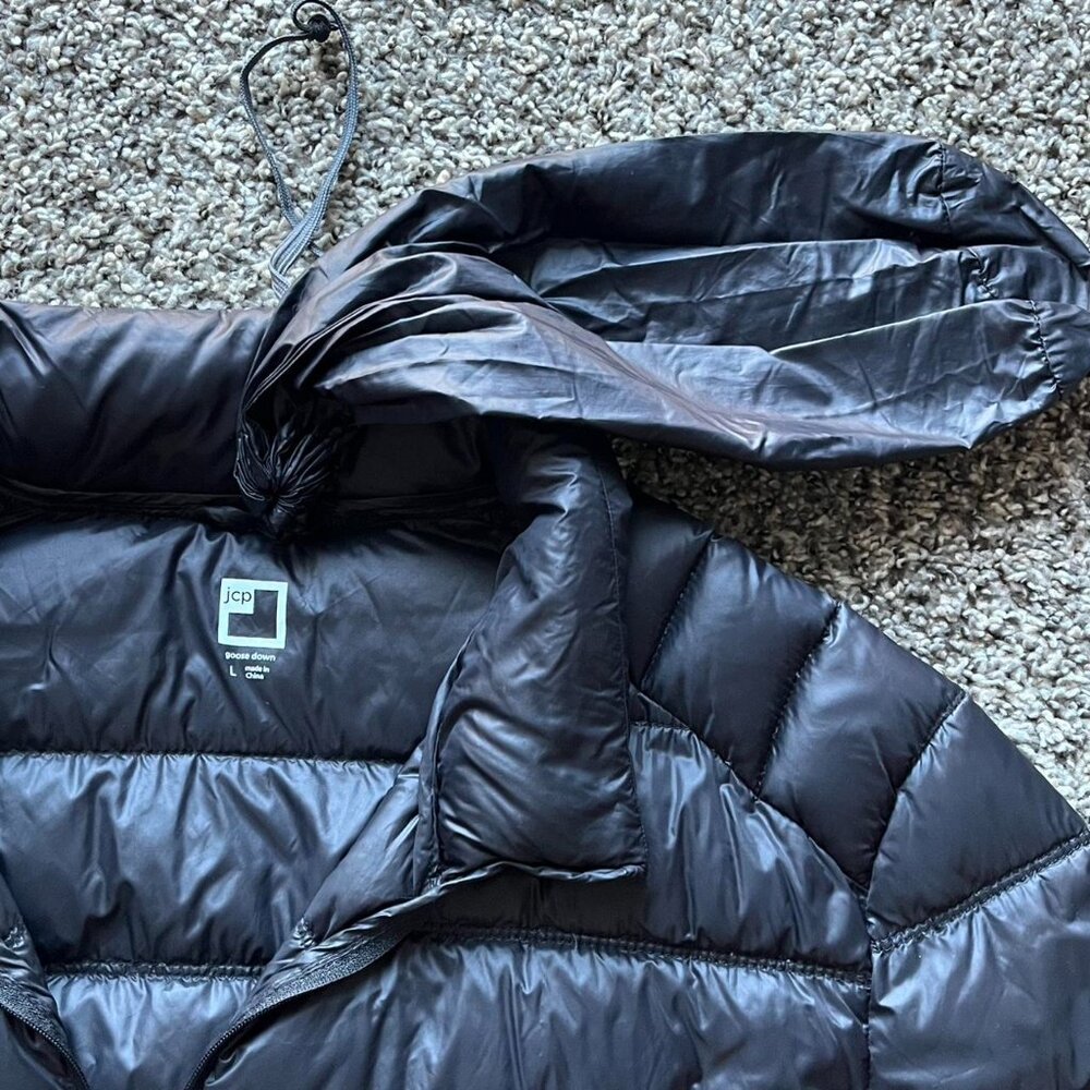 Black Goose Down Puffer Jacket JCPenney's Mens Large Gorpcore Grunge Winter Coat - Picture 2 of 8
